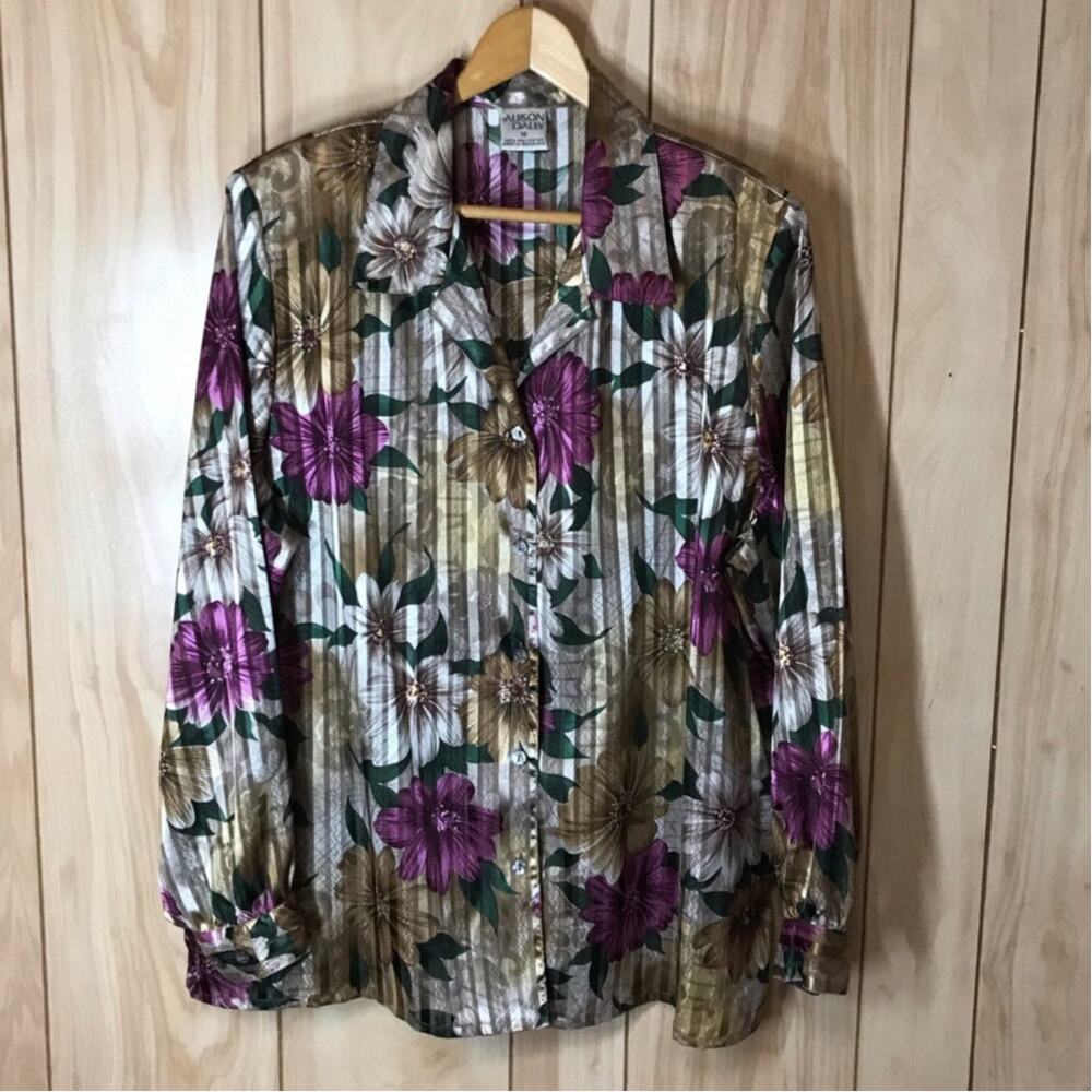Vintage 90s Allison Daley Sheer Metallic Gold Striped Floral Blouse Boho 18